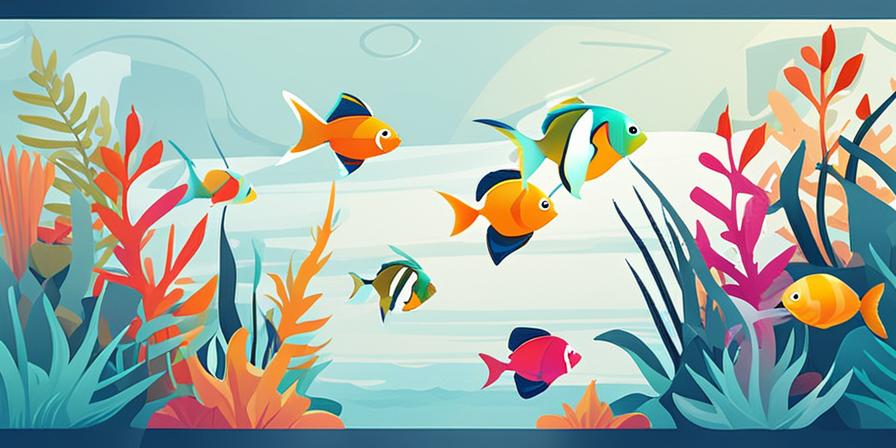Acuario con peces felices nadando en colores brillantes