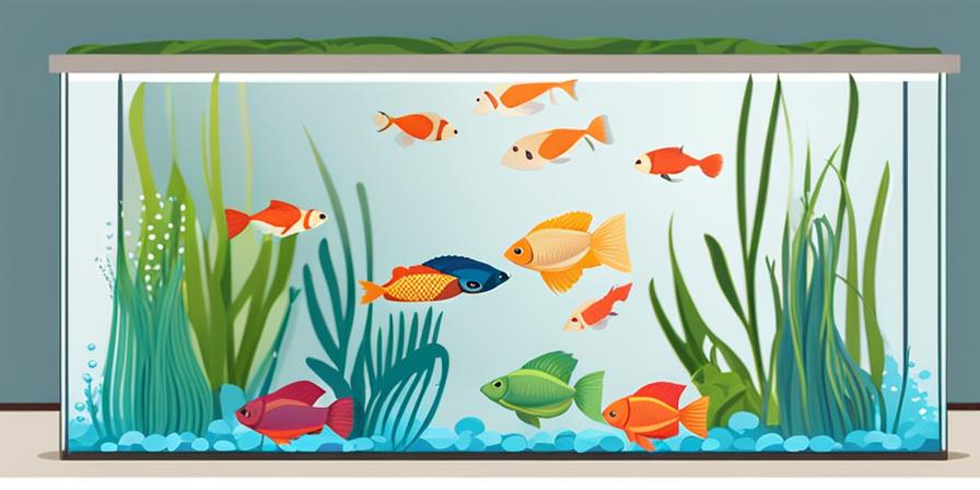 Acuario comunitario con peces betta felices y coloridos