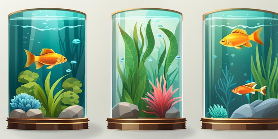 Acuario de cristal con peces dorados nadando entre plantas coloridas