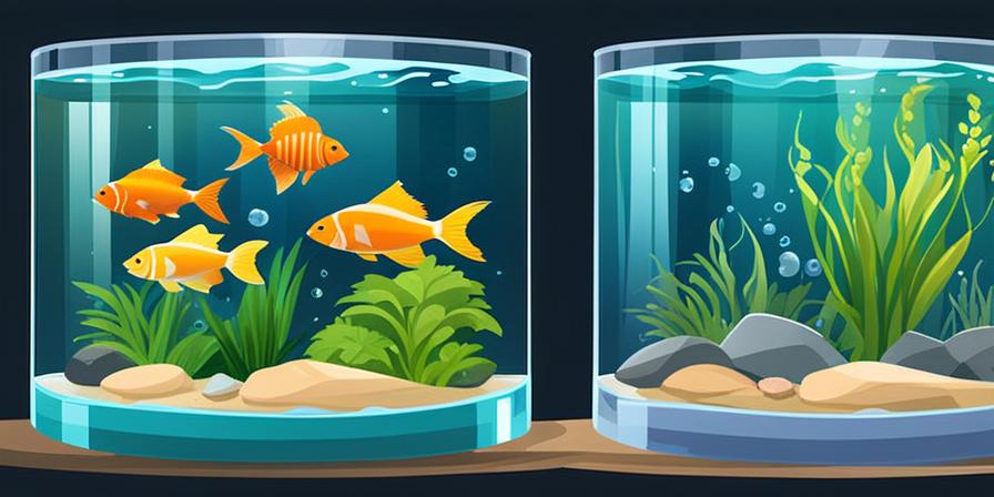 Coloridos peces y plantas acuáticas en acuario de cristal