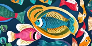 Acuario con peces discos nadando en un entorno colorido