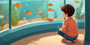 Niño emocionado viendo un acuario lleno de peces