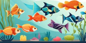 Peces coloridos y comida nutritiva en acuario