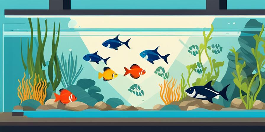 Acuario con peces saludables rodeado de señales de precaución