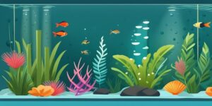 Acuario con plantas y decoraciones coloridas para peces ornamentales