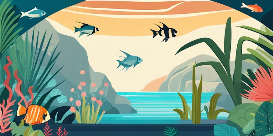 Acuario tropical con plantas, rocas y peces nadando