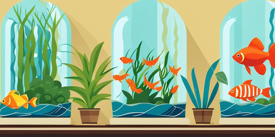 Peces cíclidos nadando en acuario colorido con plantas
