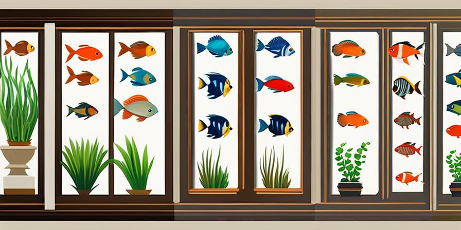 Acuario con peces discus multicolores entre plantas y decoraciones acuáticas