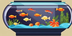 Un acuario con peces tropicales rodeados de alimentos saludables
