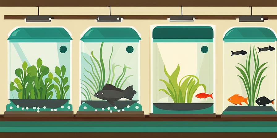 Peces enanos explorando acuario con vegetales y alimentos